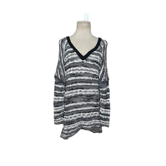 Free People gray white striped open knit v neck oversize sweater size XS - Picture 10 of 12